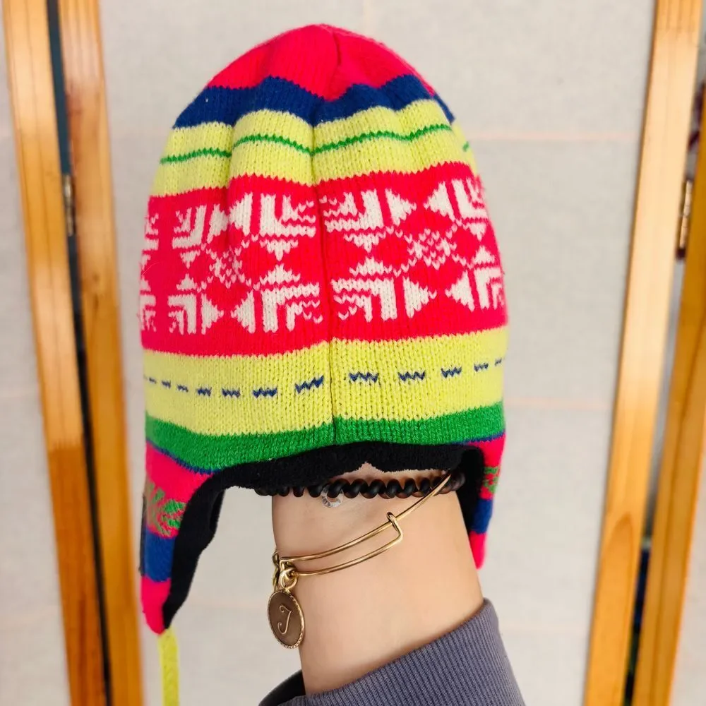 Columbia Winter Youth Knit Hat Fleece Lined Tassels Ear‎ Flaps Fair Isle Nordic